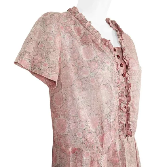 Vintage Jean Lang Original Dress Semi Sheer Ruffle Neck Ditsy Pink White Medium