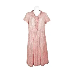 Vintage Jean Lang Original Dress Semi Sheer Ruffle Neck Ditsy Pink White Medium