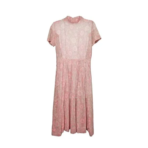Vintage Jean Lang Original Dress Semi Sheer Ruffle Neck Ditsy Pink White Medium