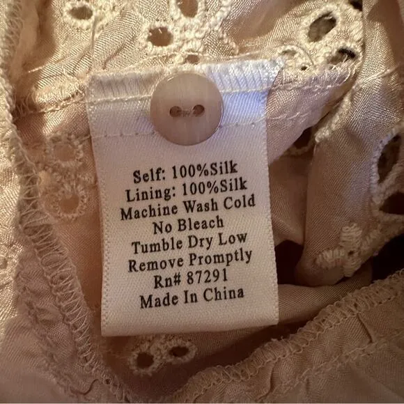 Vintage Johnny Was 100% Silk Eyelet Mesh Embroidered Midi‎ Dress in Cream Sz XS