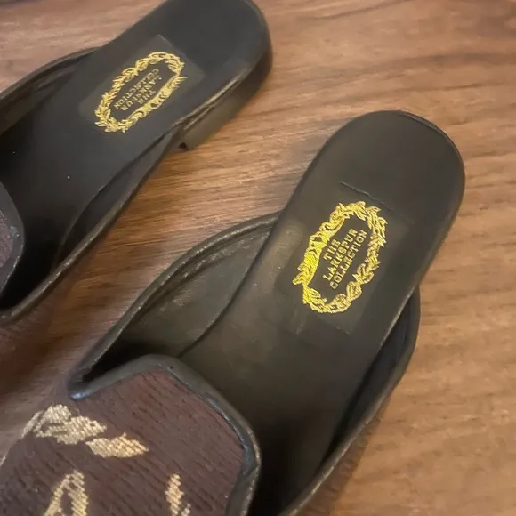 vintage larkspur collection brown fox needlepoint embroidered loafers slides