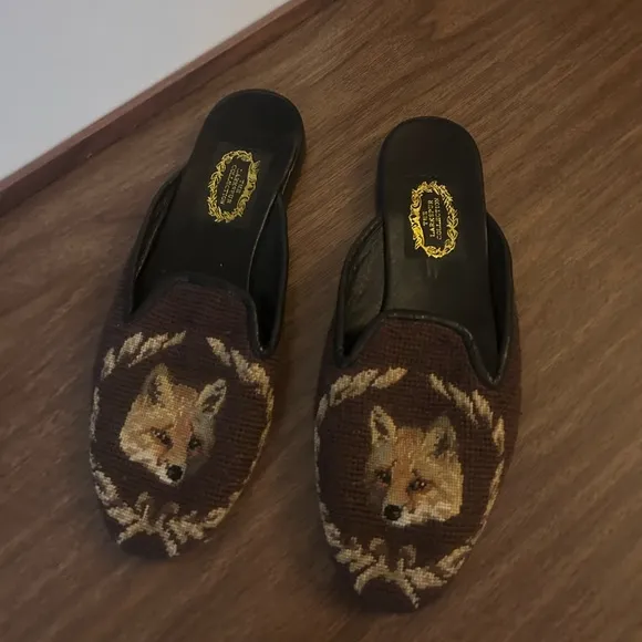 vintage larkspur collection brown fox needlepoint embroidered loafers slides