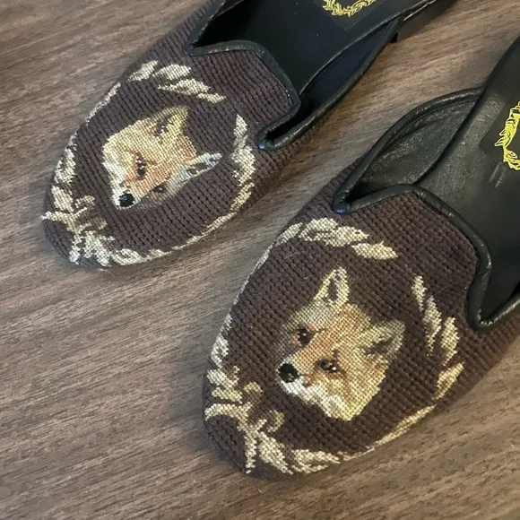 vintage larkspur collection brown fox needlepoint embroidered loafers slides