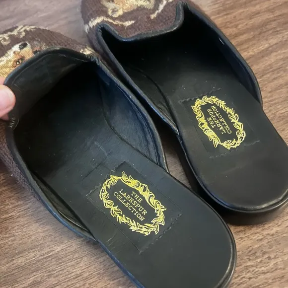vintage larkspur collection brown fox needlepoint embroidered loafers slides