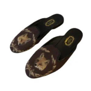 vintage larkspur collection brown fox needlepoint embroidered loafers slides