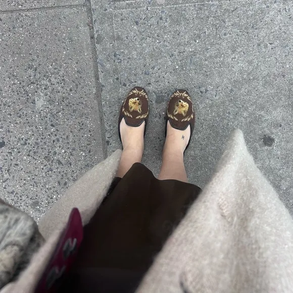 vintage larkspur collection brown fox needlepoint embroidered loafers slides