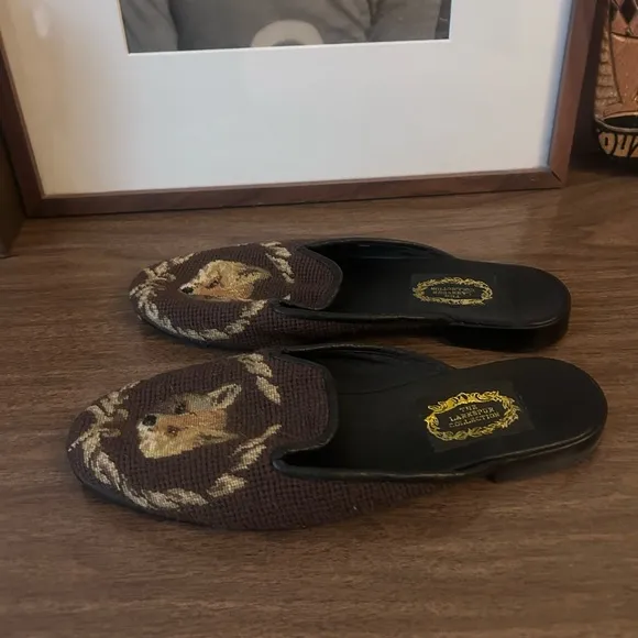 vintage larkspur collection brown fox needlepoint embroidered loafers slides