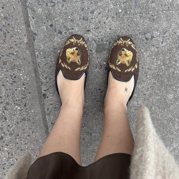 vintage larkspur collection brown fox needlepoint embroidered loafers slides