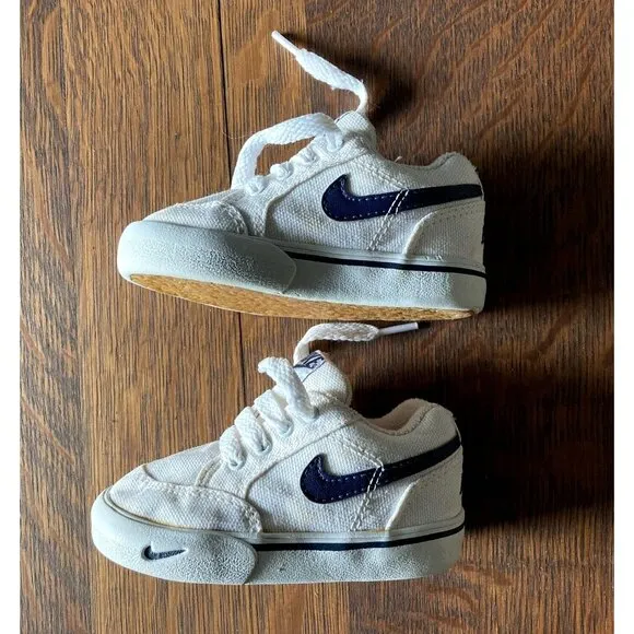 Vintage Nike - White Canvas, Blue Swoosh Logo Sneakers, Toddler 4.5 - Circa 2005