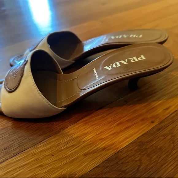 Vintage Prada Cream Kitten Heel Sandals Elegant Leather Design