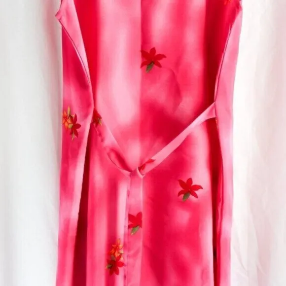 Vintage Retro 90s Pink and Red Tropical Vacation Maxi Dress w Tie Back Medium