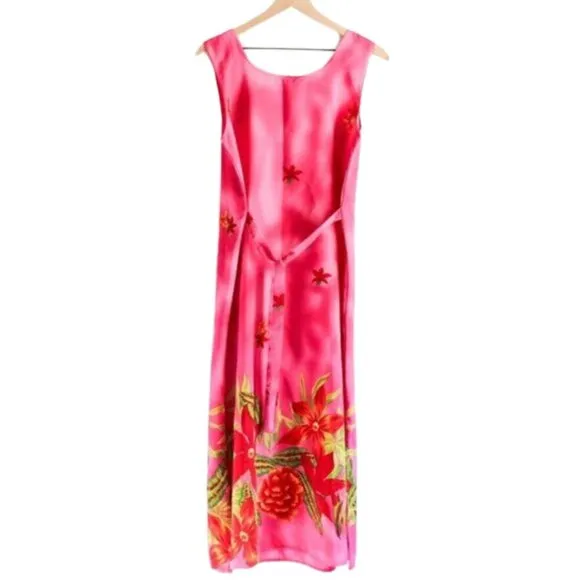 Vintage Retro 90s Pink and Red Tropical Vacation Maxi Dress w Tie Back Medium
