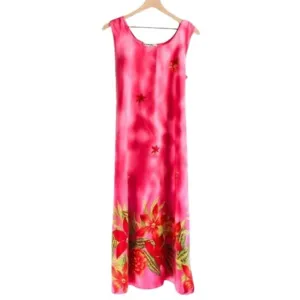 Vintage Retro 90s Pink and Red Tropical Vacation Maxi Dress w Tie Back Medium