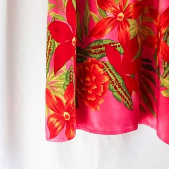 Vintage Retro 90s Pink and Red Tropical Vacation Maxi Dress w Tie Back Medium
