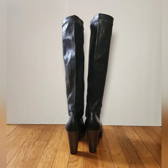 Vintage ROBERT CLERGERIE Black Stretch Leather Wood Heel Knee High Boots