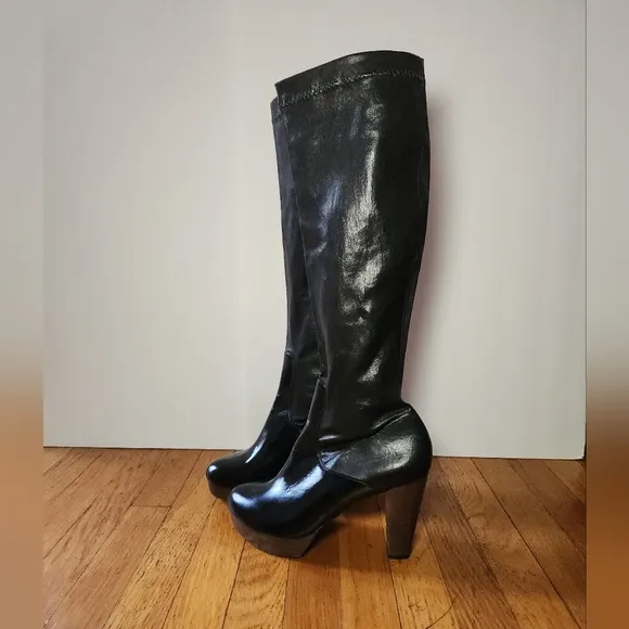 Vintage ROBERT CLERGERIE Black Stretch Leather Wood Heel Knee High Boots