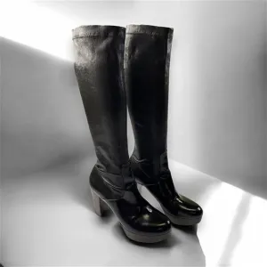 Vintage ROBERT CLERGERIE Black Stretch Leather Wood Heel Knee High Boots