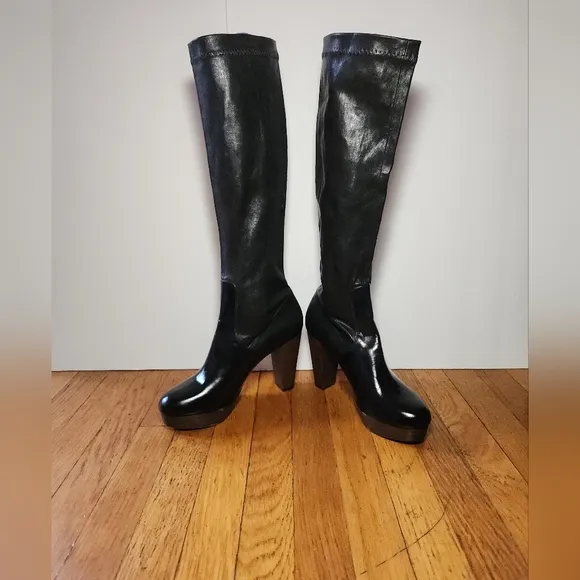 Vintage ROBERT CLERGERIE Black Stretch Leather Wood Heel Knee High Boots