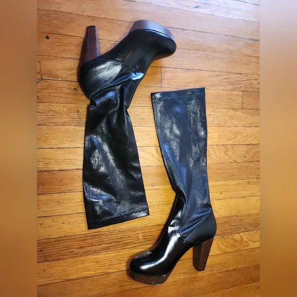 Vintage ROBERT CLERGERIE Black Stretch Leather Wood Heel Knee High Boots
