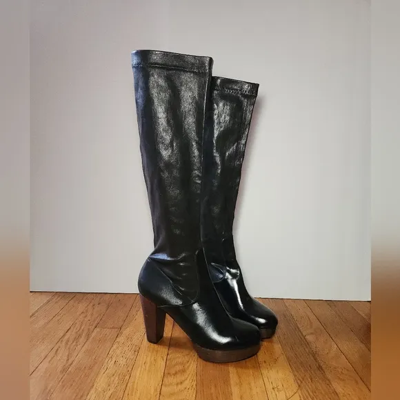 Vintage ROBERT CLERGERIE Black Stretch Leather Wood Heel Knee High Boots