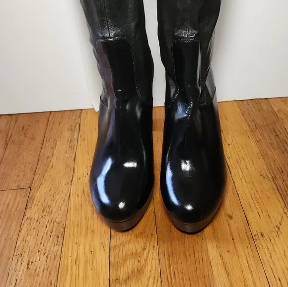Vintage ROBERT CLERGERIE Black Stretch Leather Wood Heel Knee High Boots