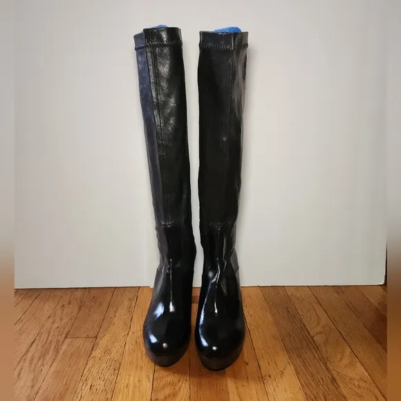 Vintage ROBERT CLERGERIE Black Stretch Leather Wood Heel Knee High Boots