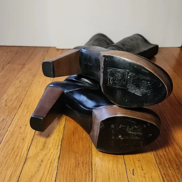 Vintage ROBERT CLERGERIE Black Stretch Leather Wood Heel Knee High Boots
