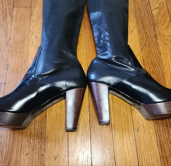 Vintage ROBERT CLERGERIE Black Stretch Leather Wood Heel Knee High Boots
