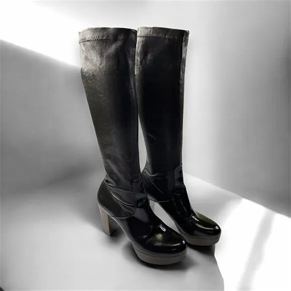 Vintage ROBERT CLERGERIE Black Stretch Leather Wood Heel Knee High Boots