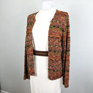 Vintage Talbots Cardigan Sweater Fuzzy Chunky Colorful Stripe Brown Orange 90s M