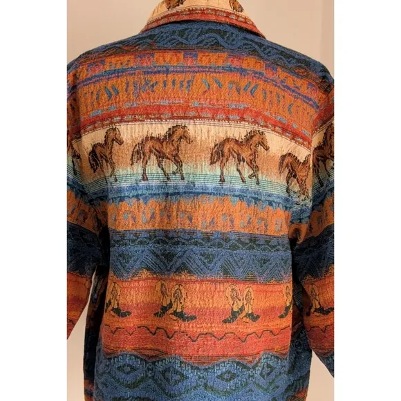 Vintage Western Tapestry Jacket 1990s Horse &amp; Cowboy Boot Lightweight Chore Coat