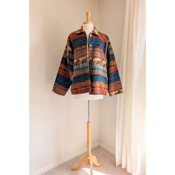 Vintage Western Tapestry Jacket 1990s Horse &amp; Cowboy Boot Lightweight Chore Coat
