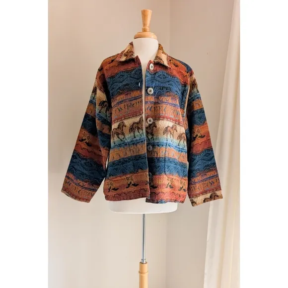 Vintage Western Tapestry Jacket 1990s Horse &amp; Cowboy Boot Lightweight Chore Coat