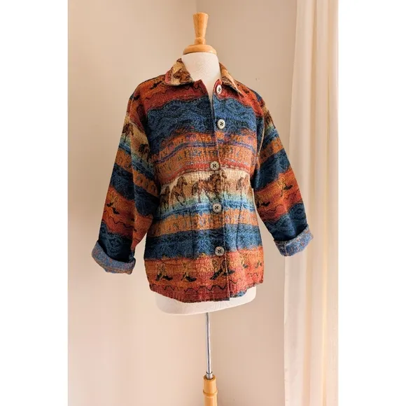 Vintage Western Tapestry Jacket 1990s Horse &amp; Cowboy Boot Lightweight Chore Coat
