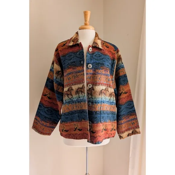 Vintage Western Tapestry Jacket 1990s Horse &amp; Cowboy Boot Lightweight Chore Coat