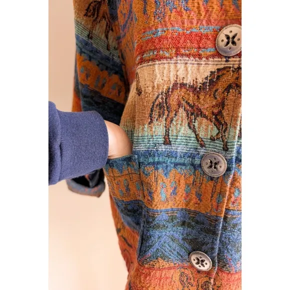 Vintage Western Tapestry Jacket 1990s Horse &amp; Cowboy Boot Lightweight Chore Coat