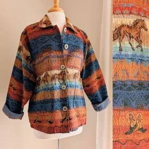 Vintage Western Tapestry Jacket 1990s Horse &amp; Cowboy Boot Lightweight Chore Coat