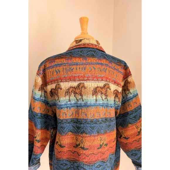 Vintage Western Tapestry Jacket 1990s Horse &amp; Cowboy Boot Lightweight Chore Coat