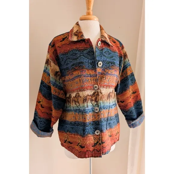 Vintage Western Tapestry Jacket 1990s Horse &amp; Cowboy Boot Lightweight Chore Coat