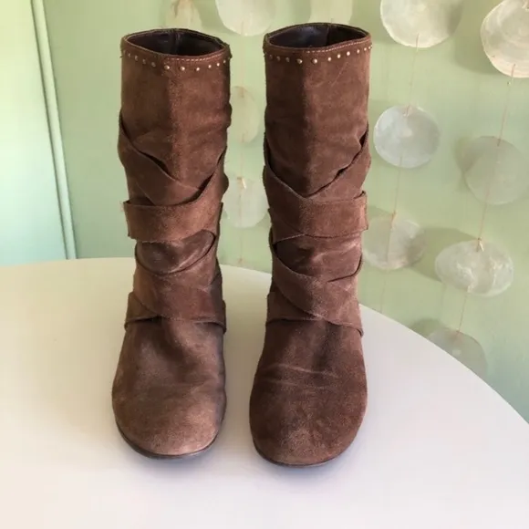 Vintage Y2K Aldo Boho Suede Leather Ankle Studded Strappy Moto Boots