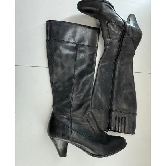 Vintage Y2K Born Black Soft Leather Zip Heeled Riding Boots Womens Sz 7.5