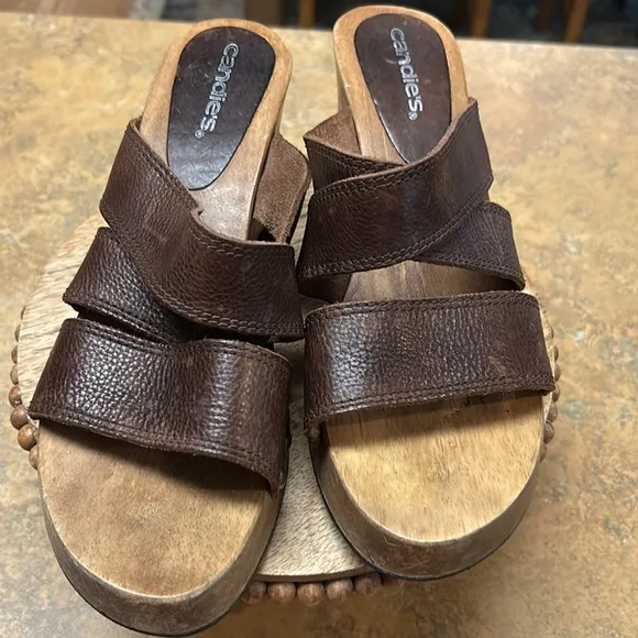 Vintage Y2K Candies Wood Platform Brown Leather Sandals