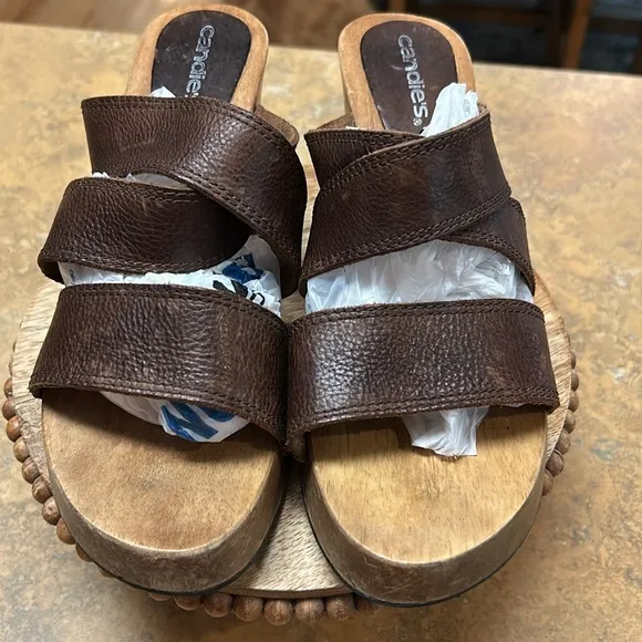 Vintage Y2K Candies Wood Platform Brown Leather Sandals