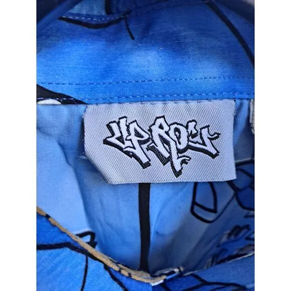Vintage Y2K Ro's Hip Hop‎ Button Up Shirt Urban Streetwear Blue Cartoon Print