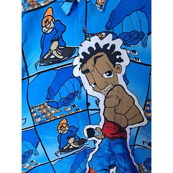 Vintage Y2K Ro's Hip Hop‎ Button Up Shirt Urban Streetwear Blue Cartoon Print