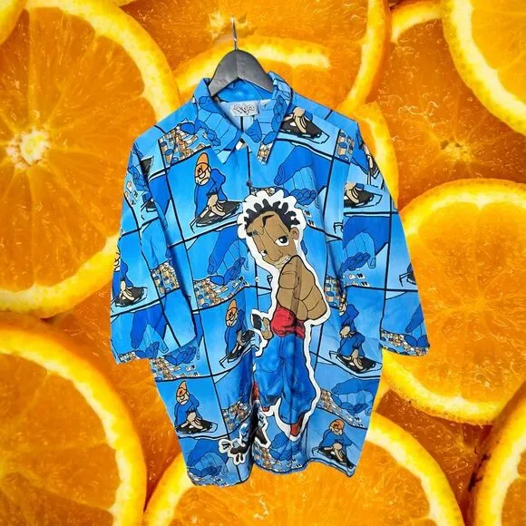 Vintage Y2K Ro's Hip Hop‎ Button Up Shirt Urban Streetwear Blue Cartoon Print