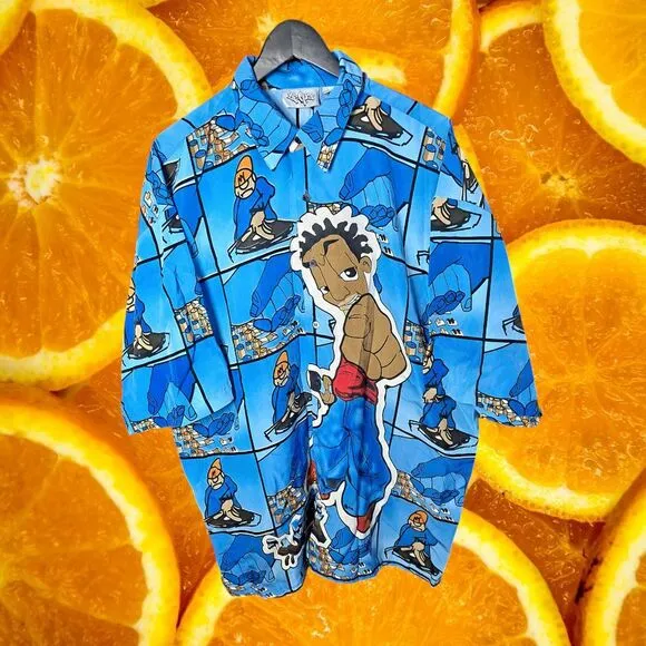 Vintage Y2K Ro's Hip Hop‎ Button Up Shirt Urban Streetwear Blue Cartoon Print