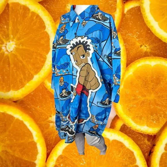 Vintage Y2K Ro's Hip Hop‎ Button Up Shirt Urban Streetwear Blue Cartoon Print