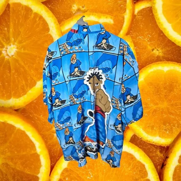 Vintage Y2K Ro's Hip Hop‎ Button Up Shirt Urban Streetwear Blue Cartoon Print