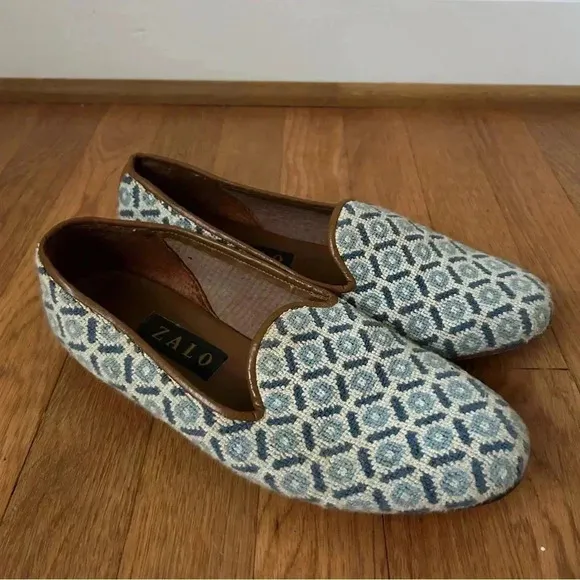 Vintage Zalo Vintage Needle Point Loafer Blue White Pattern Slip On Size 9